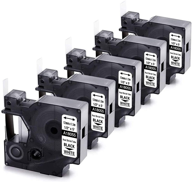Wonfoucs Compatible with Dymo Rhino Heat Shrink Tube Labels 18055 A18055 | 1/2" 12mm x 5.5m | Black on White | Compatible with DYMO Rhino 4200 5200 6000 Industrial Label Makers | 5-Pack - Image 1